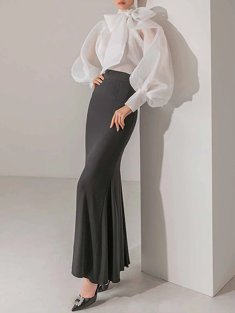 Women's Elegant Lantern Sleeve Shirt Chiffon Transparent Long Sleeve Sweet Lace-up Neck Polk Dot Casual Fashion Autumn Shirts