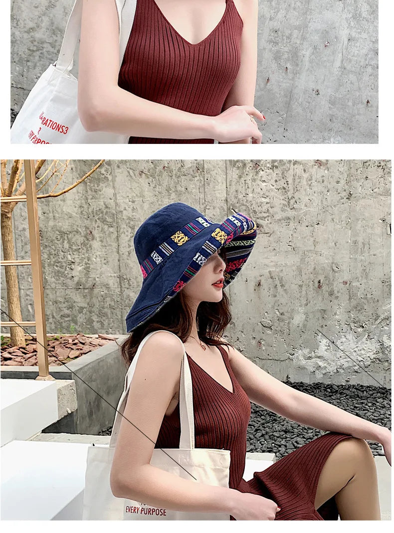 Hat Women's Summer Big Edge Double-Sided Sunshade Bucket Hat Korean Version Versatile Ethnic Style Travel Sun Protection Cap