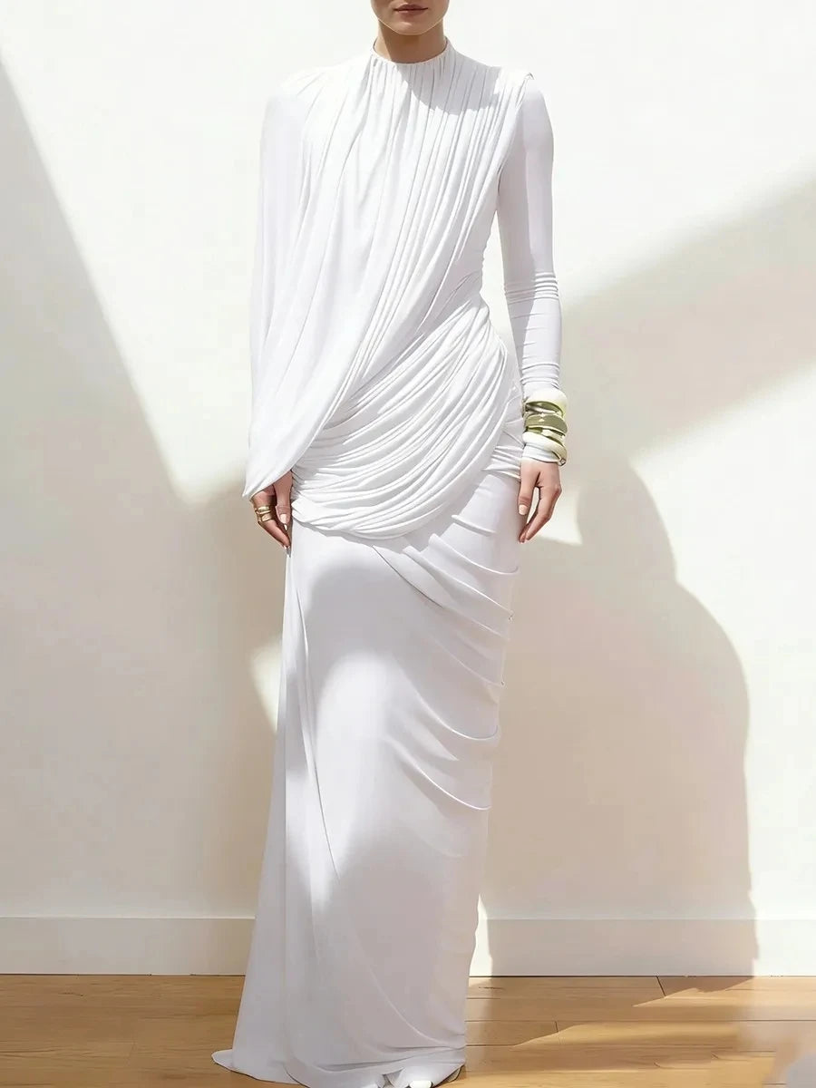 Spliced Folds Irregular Women Round Neck Long Sleeves Tunic Design Sense Long Dress