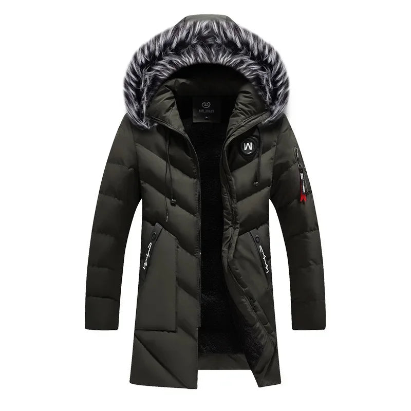 Men's Winter Thick Cotton Parka Casual Long Coat with Removable Hat Slim Fit Warm And Comfortable