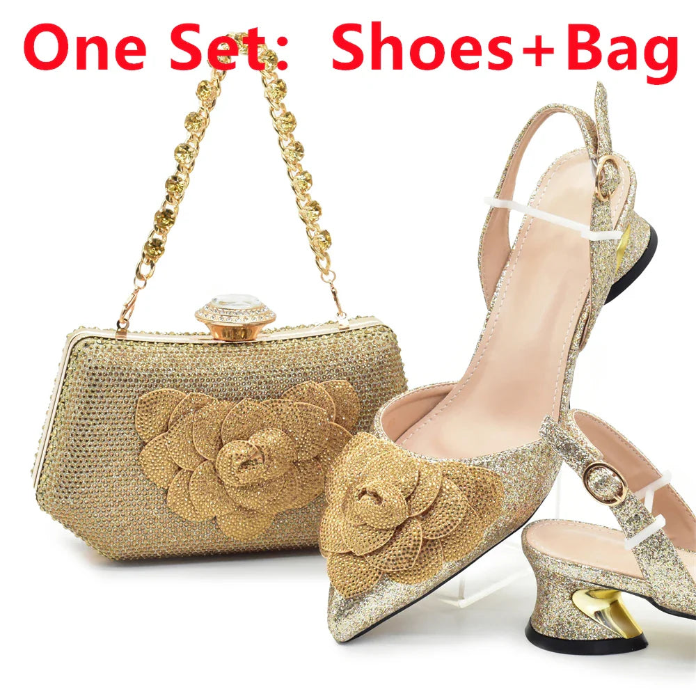Women's Shoe and Bag Set Latest Luxury Italian Rhinstone Design for Wedding and