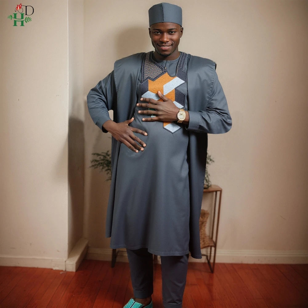 Men's 3-Piece African Embroidery Set | Gray Plus Size Traditional Wear 2025