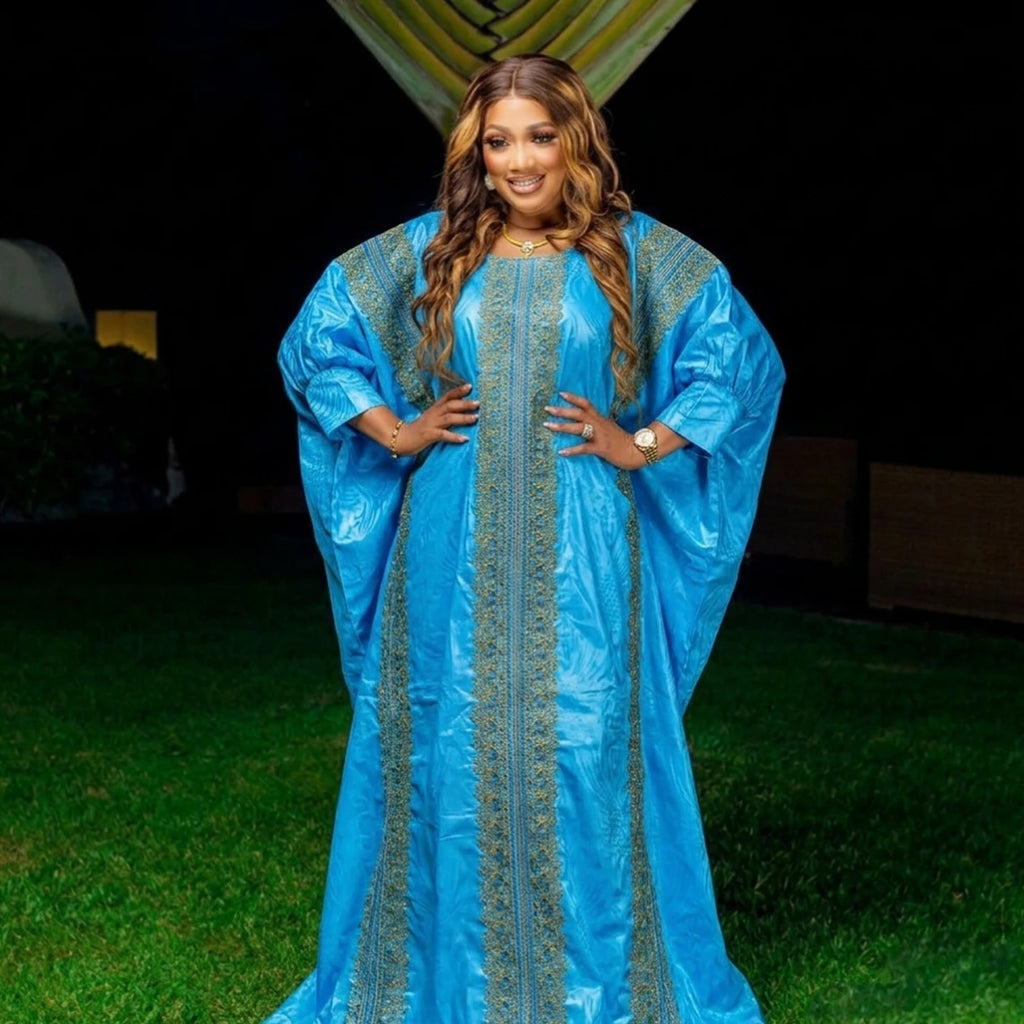 Sky Blue African Women Bazin Riche Boubou Dress Green Original Nigeria Basin Rich Brocade Wedding Party Dashiki Robe