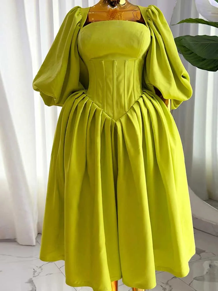Women Ruched Sleeves Spring High Waist Elegant Slash Neck Long Sexy Green Dress