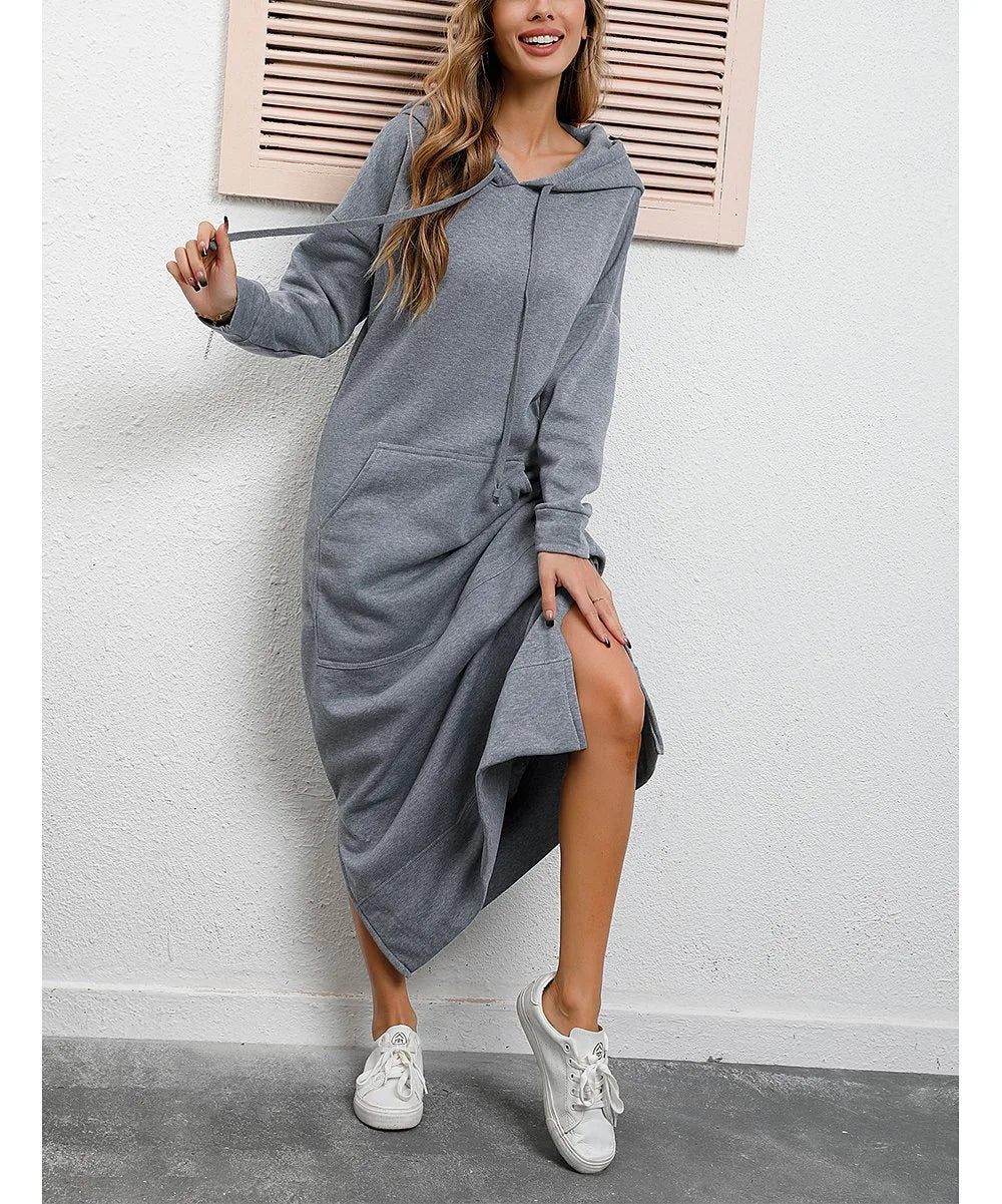 Women's Hoodie Midi Dress | Lace-Up Hem Casual Sweatshirt Long Dress | HotTrendyPicks