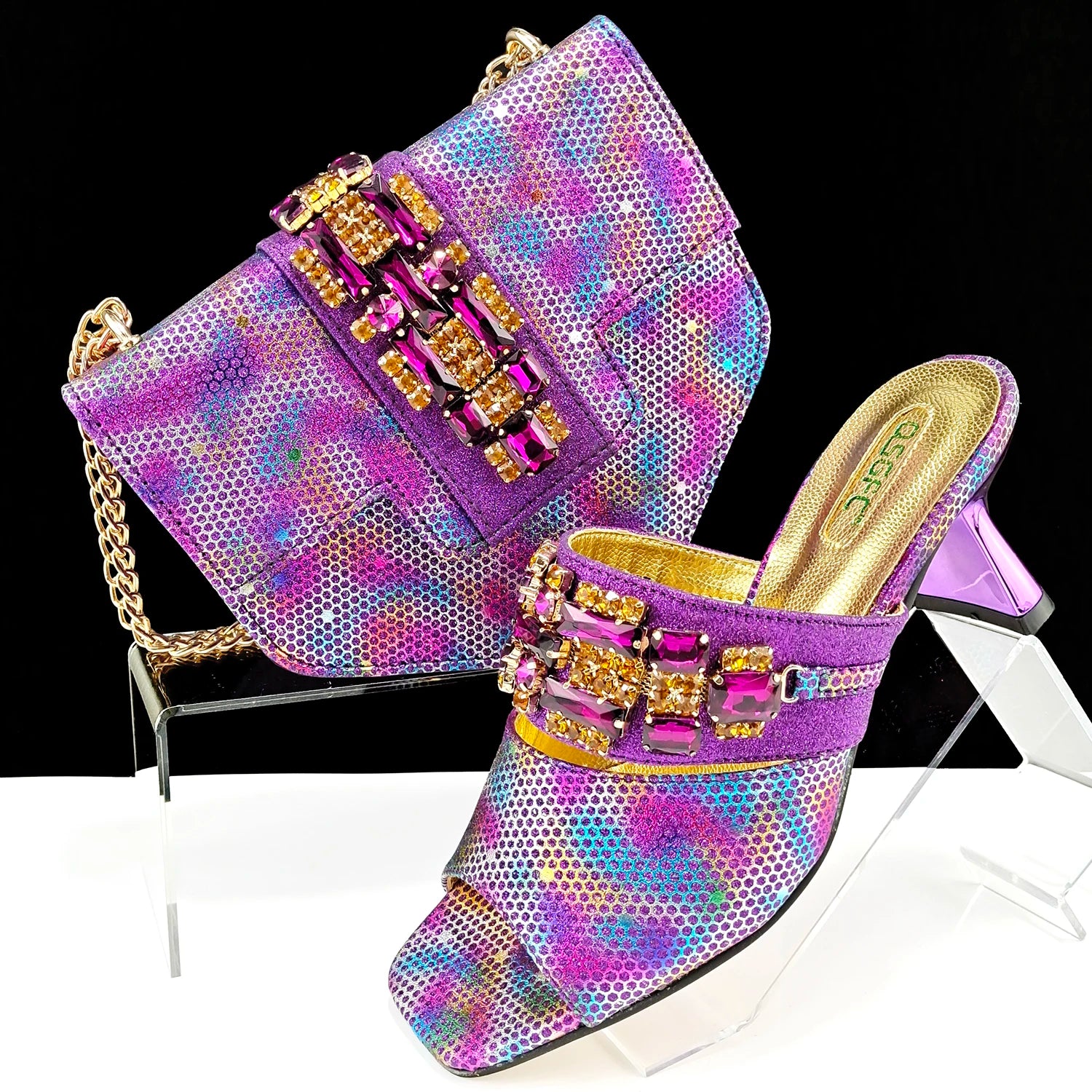 Italian Fashion Square toe Women Strange Heels Bigger size Fashion Rhinestone Decoration Brown Shoes And Bag set Party bag