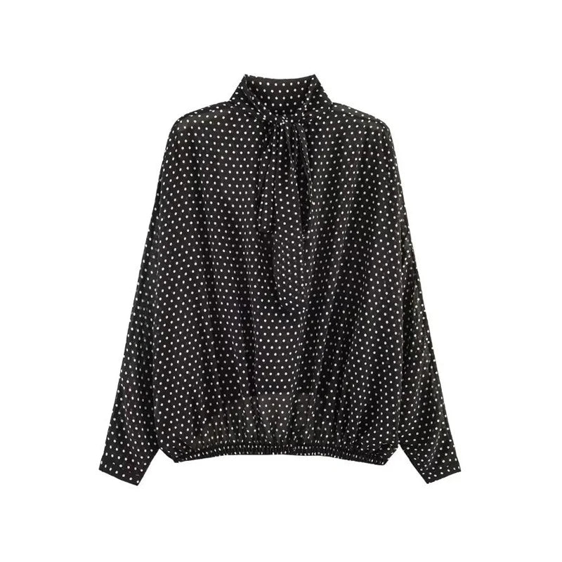 Polka Dot Skirt 2 Piece Set Women Casual High Collar Tie Full Sleeves Elastic High Waist Long Skirt Suit Lady Daily Outfit New