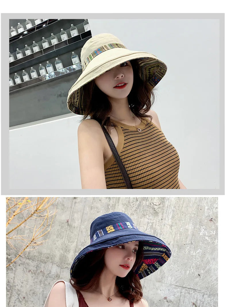 Hat Women's Summer Big Edge Double-Sided Sunshade Bucket Hat Korean Version Versatile Ethnic Style Travel Sun Protection Cap