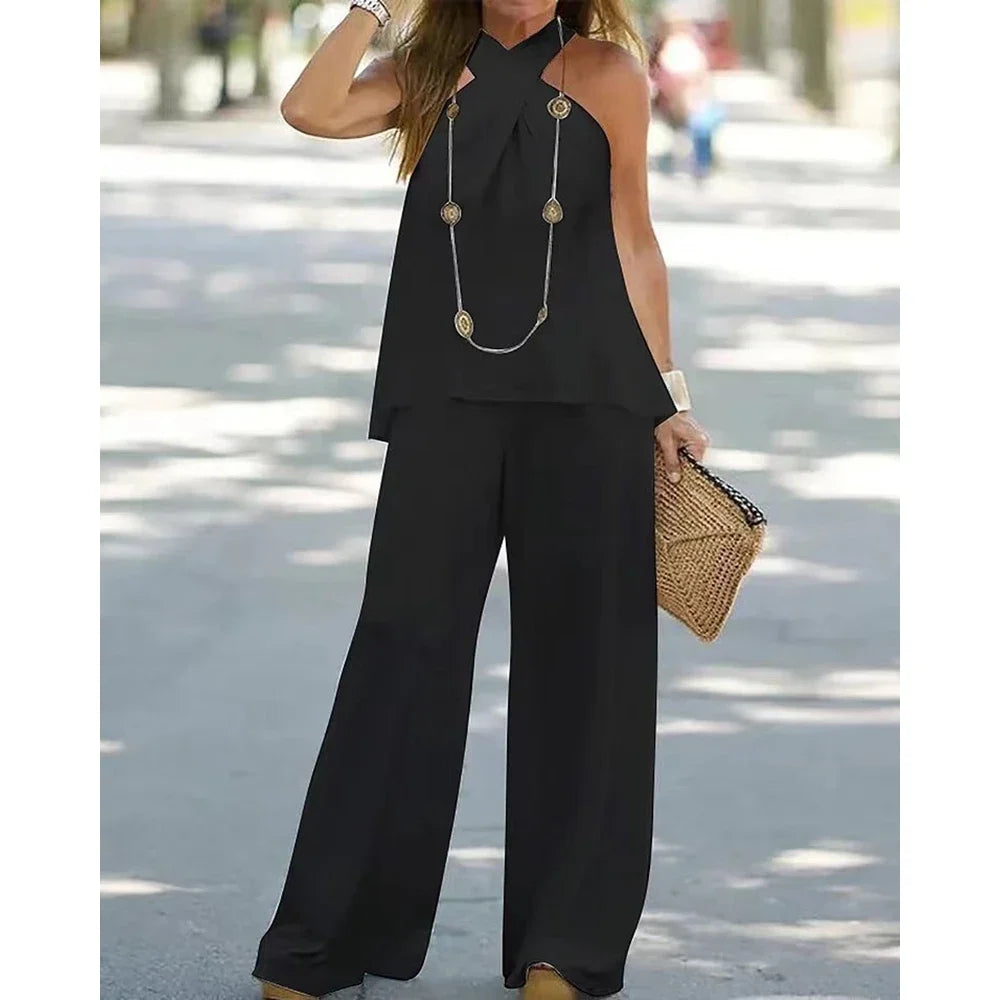 Women's Two-Piece Set Halter Sleeveless V-Neck Top & High Waist Pants Casual Fashion Loose Outfits