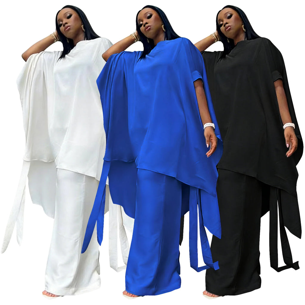 Plus Size Summer N8172 Silk Satin Set Design Shoulder Shawl Top Wide Leg Pants Outfit Elegant Street Style for Women Universa...