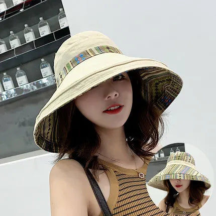Hat Women's Summer Big Edge Double-Sided Sunshade Bucket Hat Korean Version Versatile Ethnic Style Travel Sun Protection Cap