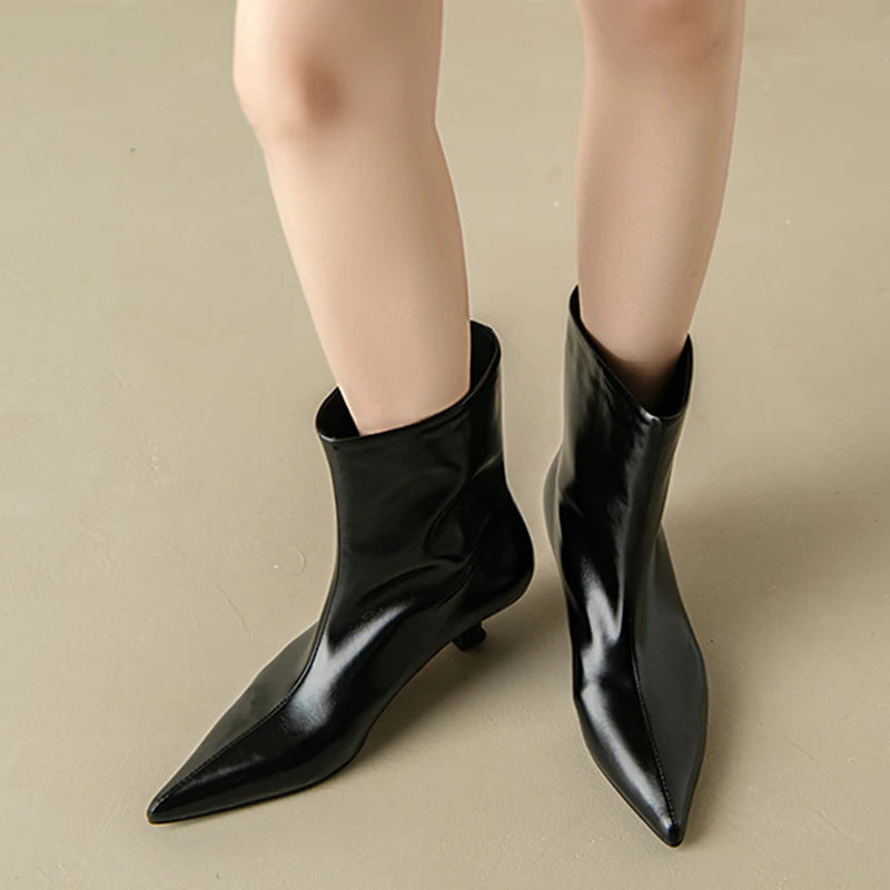 JOZHAMTA Size 34-43 Women Real Leather Ankle Boots Fashion Mid Heels Shoes For Winter Boots Pointy Office Lady Daily Dress Shoes