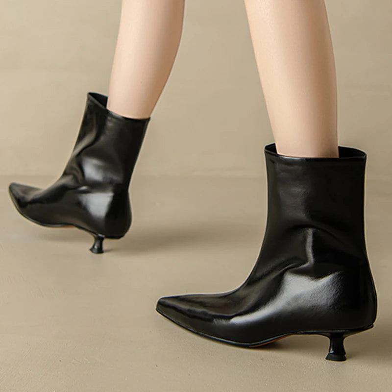 JOZHAMTA Size 34-43 Women Real Leather Ankle Boots Fashion Mid Heels Shoes For Winter Boots Pointy Office Lady Daily Dress Shoes