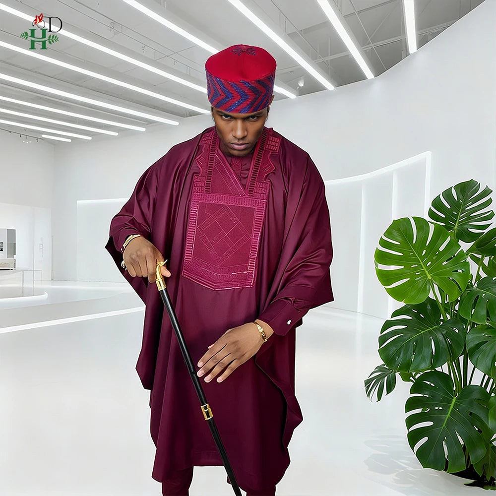 African Dresses For Couple Burgundy Traditional Men 3PCS Embroidered Outfit Set Sequin Floral Mermaid Robe Wedding Party Dress