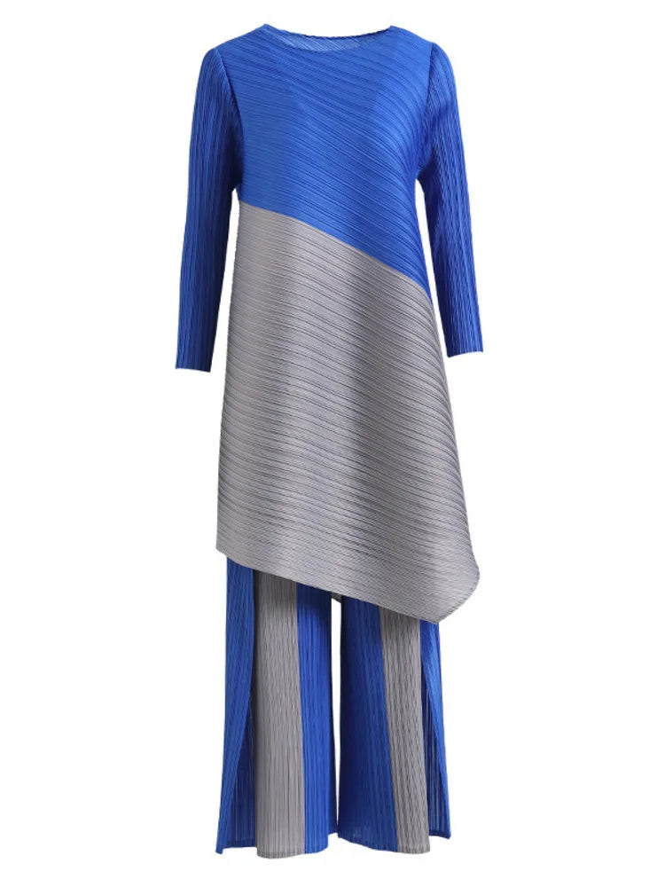 Women's Pleated Sets Contrast Color O-neck Asymmetric Top Dress+ Loose Wide Leg Pant Two-piece Casual Suits