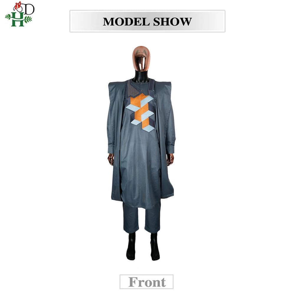 Men's 3-Piece African Embroidery Set | Gray Plus Size Traditional Wear 2025