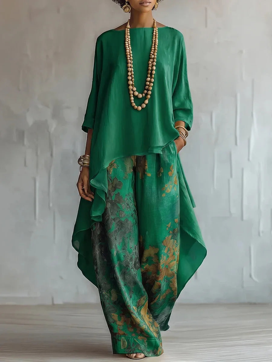 Casual Two Piece Set Loose O-neck 3/4 Sleeve Irregular Solid Color Extended Top Printed Wide Leg Pants Suit Fashion Commuting