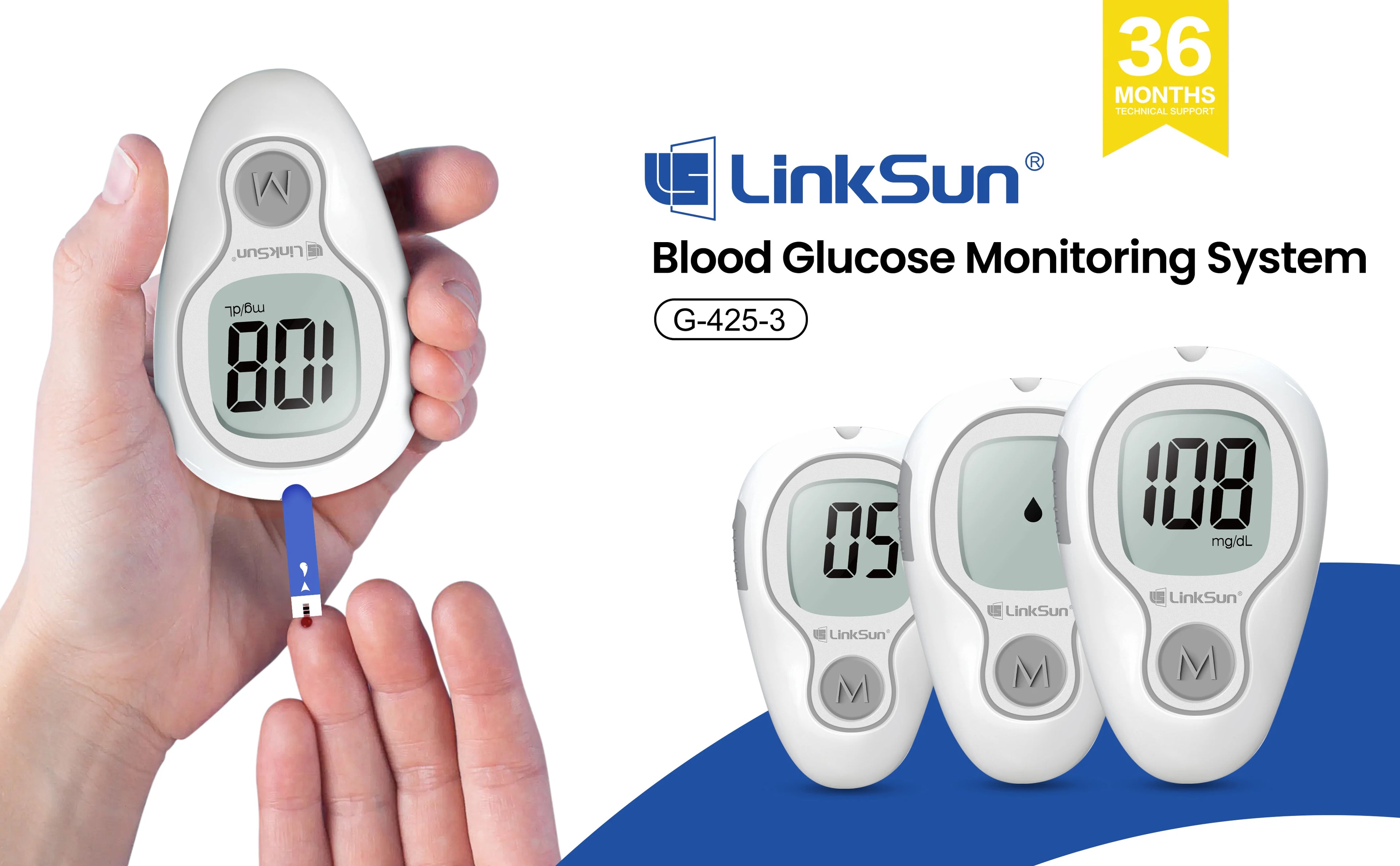 LinkSun G-425-3 Blood Glucose Meter Glucometer Full Set Medical Diabetes Blood Sugar Monitor Complete Kit Glucose Test Strips