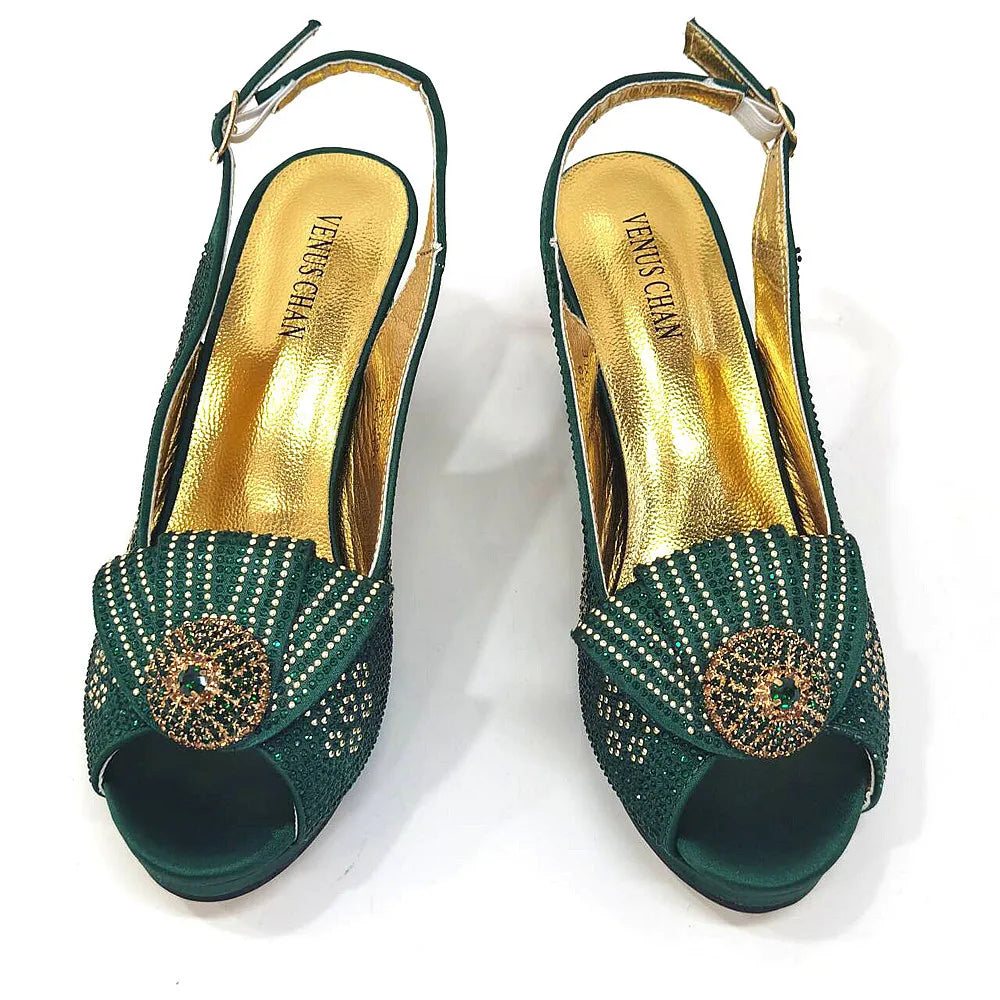 Italian Design Girly Style Golden Color Wedding Shoes And Bag Full Diamond Decoration Metal Closure Bags