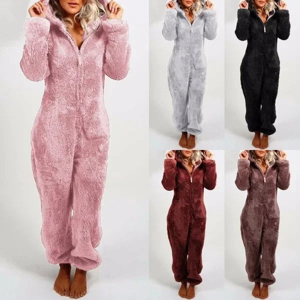 Autumn Winter Thick Fleece Women's Onesie Pajamas with Hat Casual Style Comfortable Soft Fabric