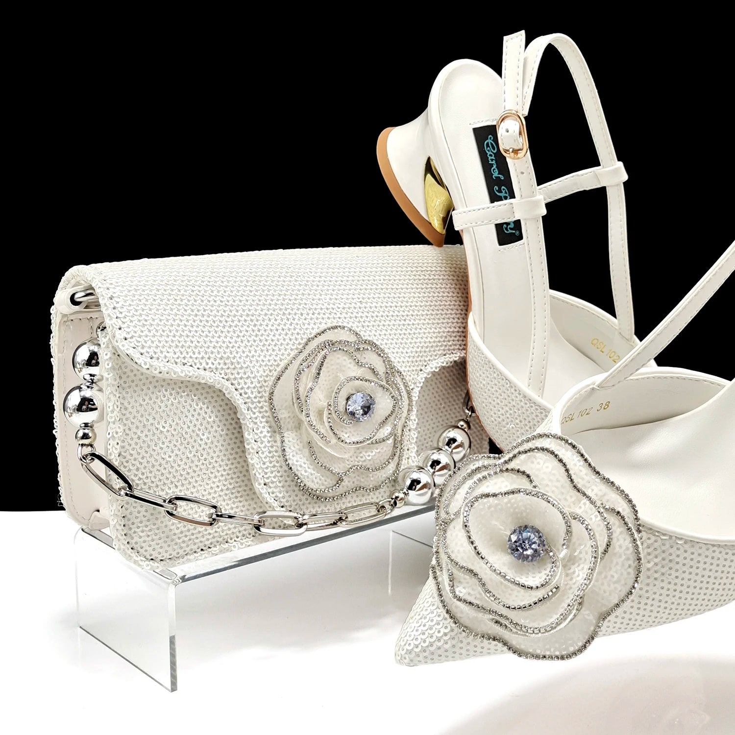 Elegant Rhinestone Flower Design Style White Color Party Wedding Pointed Toe Women Shoes and Bag Set