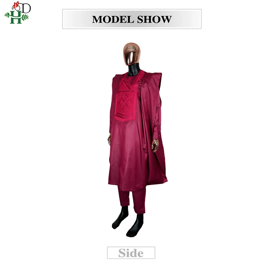 African Dresses For Couple Burgundy Traditional Men 3PCS Embroidered Outfit Set Sequin Floral Mermaid Robe Wedding Party Dress