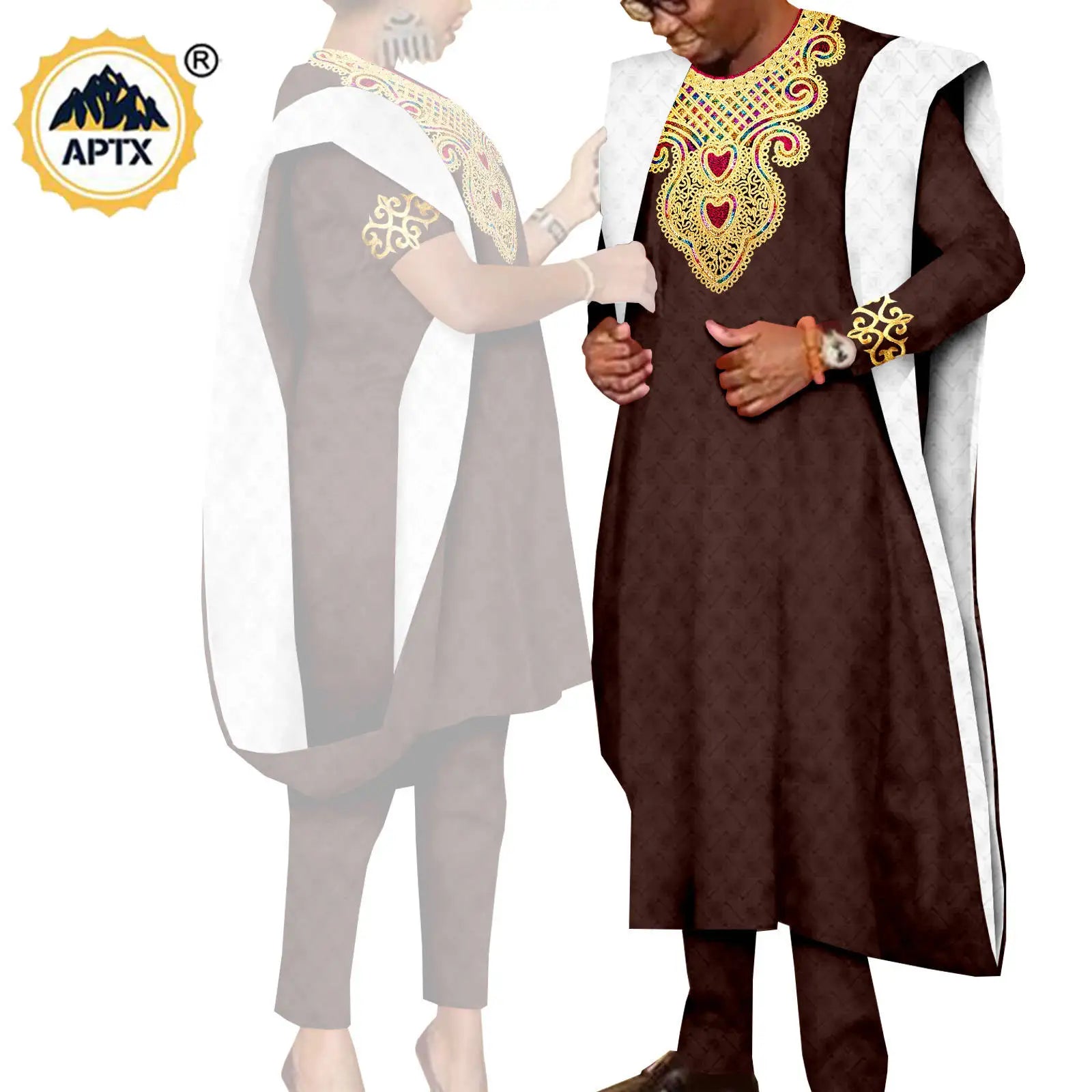 African 3 Pieces Suit for Men Matching Couple Outfits Agbada Dashiki Women Muslim Sets Bazin Riche Applique Robes Asoebi Y23C029