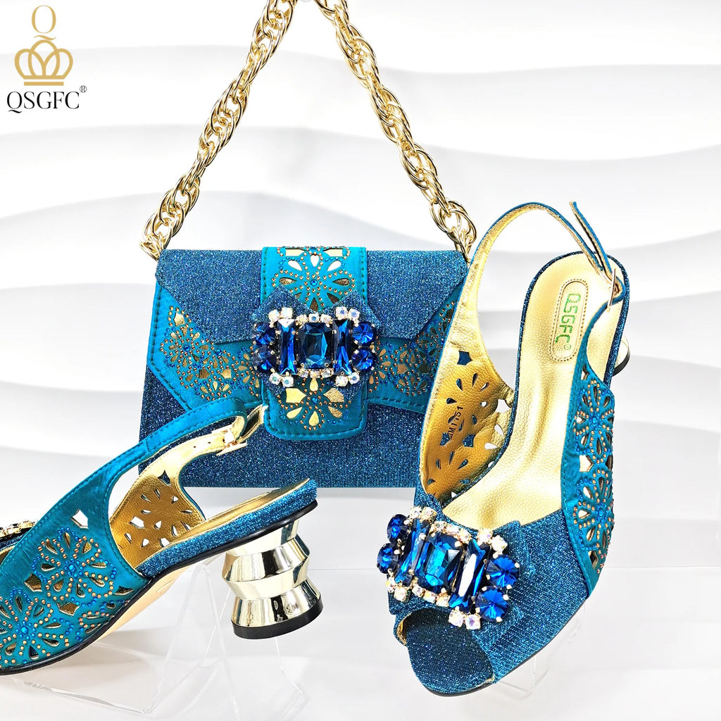 Newest Design Metal and Rhinestone Design Style Party Wedding Peep Toe High Heel Lady Shoes and Bag Set in Teal Blue Color