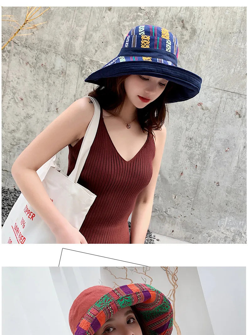 Hat Women's Summer Big Edge Double-Sided Sunshade Bucket Hat Korean Version Versatile Ethnic Style Travel Sun Protection Cap