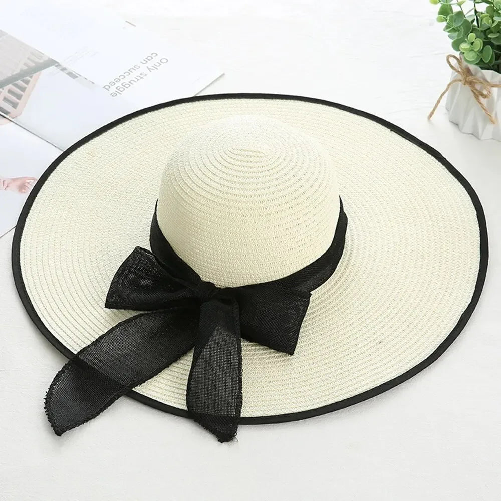 Women's Oversize Brim Straw Hat Women's Summer Sun Block Big Brim Hat Seaside Bow Beach Hat Suitable For Sun Protection