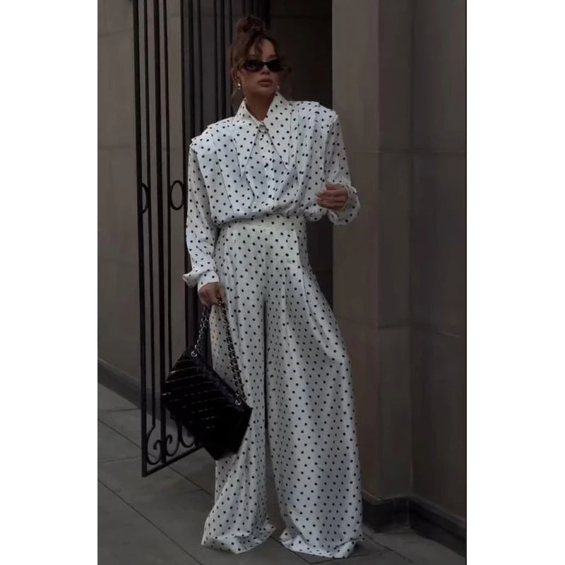 Polka Dot Skirt 2 Piece Set Women Casual High Collar Tie Full Sleeves Elastic High Waist Long Skirt Suit Lady Daily Outfit New