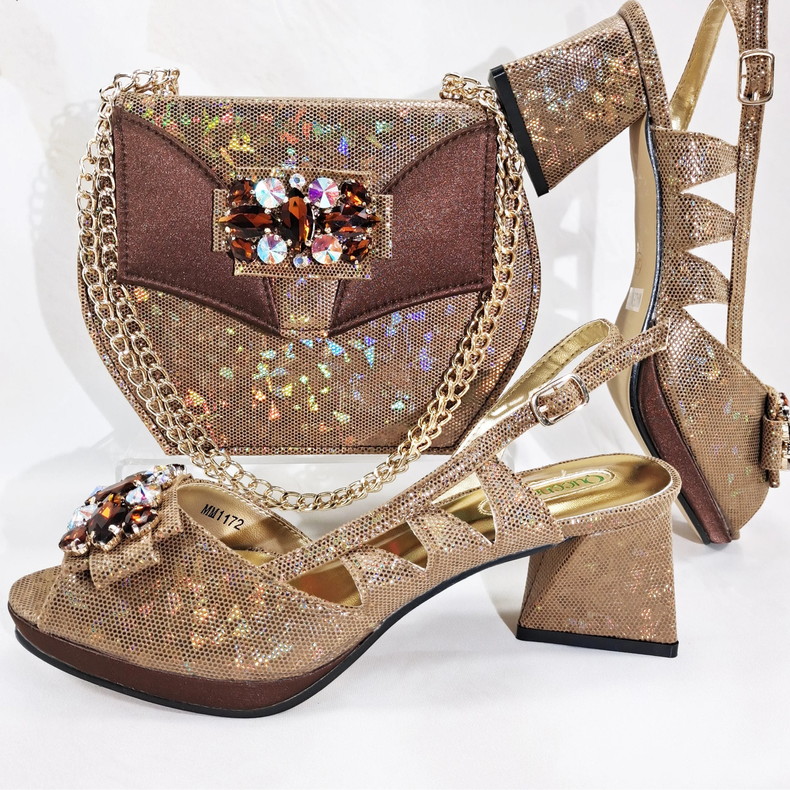 New-Season Peep Toe Ladies Elegant Coral Color Diamond-Embellished High Heels Italian-Designed Shoe and Handbag Set