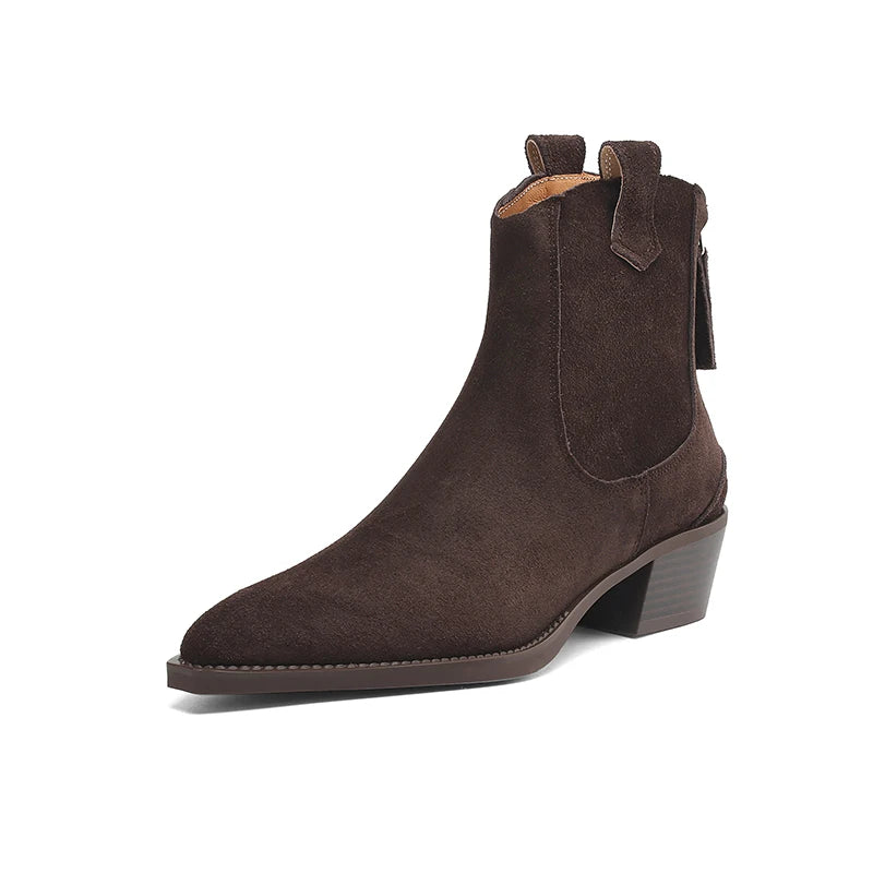 New 2025 Trend Autumn Cow Suede Women Western Boots Black Brown Khaki Chocolate Green Burgundy Pointed Toe Ladies Ankle Boots