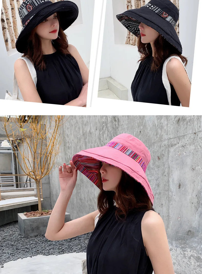 Hat Women's Summer Big Edge Double-Sided Sunshade Bucket Hat Korean Version Versatile Ethnic Style Travel Sun Protection Cap