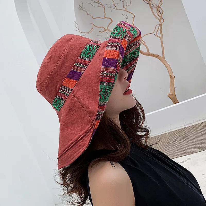 Hat Women's Summer Big Edge Double-Sided Sunshade Bucket Hat Korean Version Versatile Ethnic Style Travel Sun Protection Cap