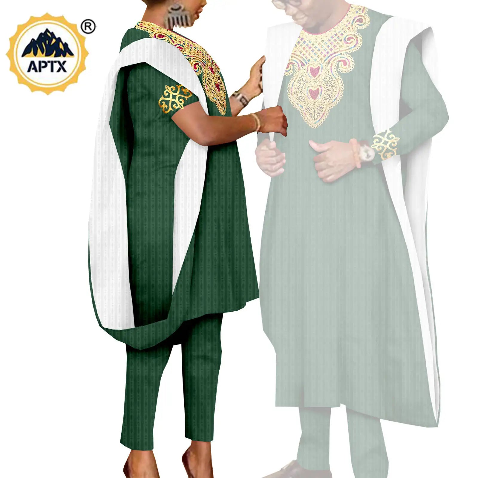 African 3 Pieces Suit for Men Matching Couple Outfits Agbada Dashiki Women Muslim Sets Bazin Riche Applique Robes Asoebi Y23C029