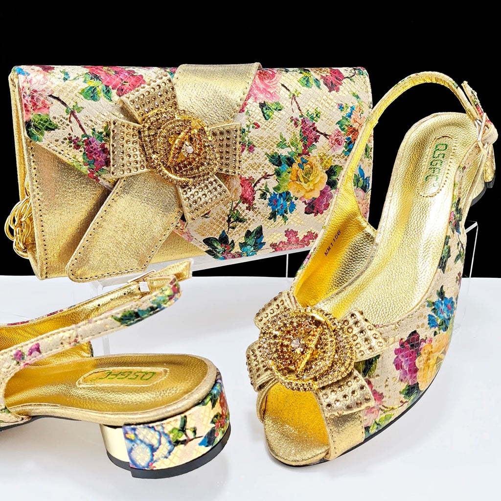 QSGFC Italian Design Shoes and Bag Matching Set Women Low Heel  Nigeria Party Wedding bigger size shoes