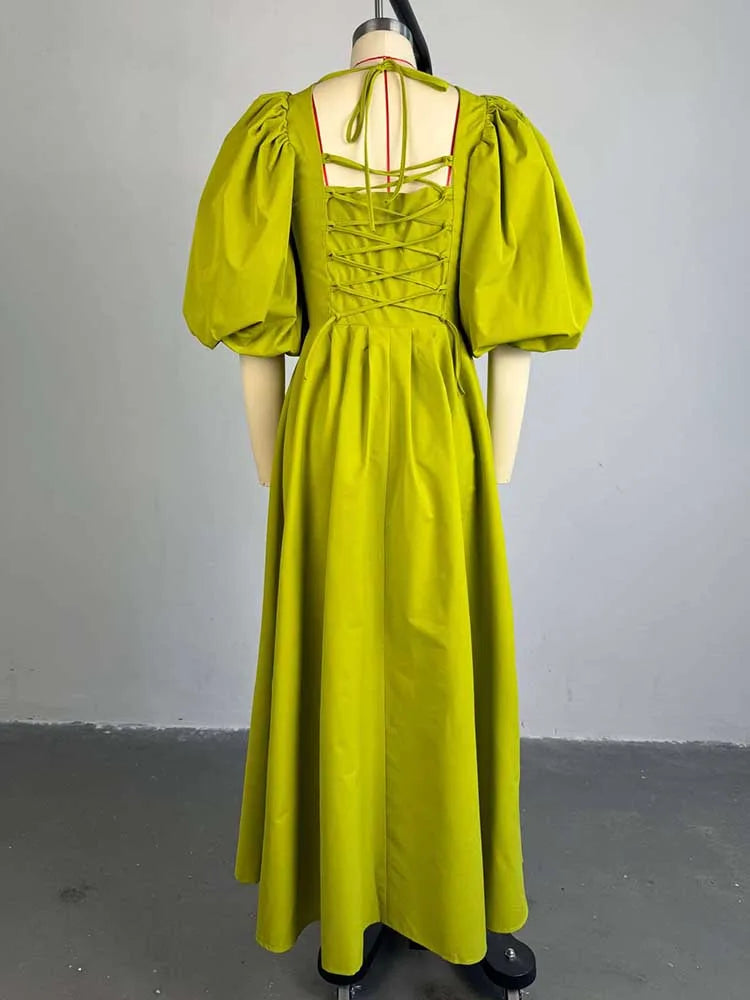 Women Ruched Sleeves Spring High Waist Elegant Slash Neck Long Sexy Green Dress