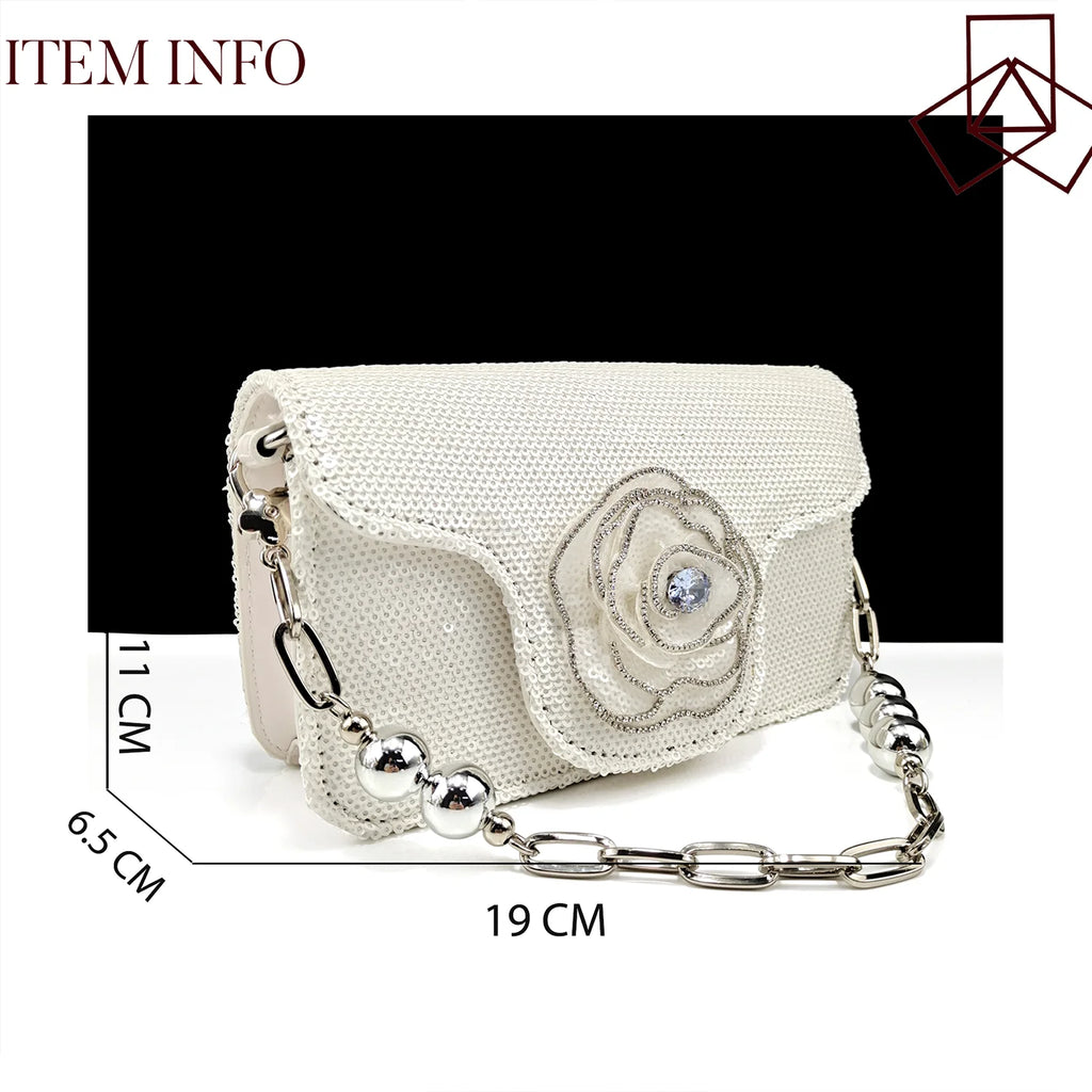 Elegant Rhinestone Flower Design Style White Color Party Wedding Pointed Toe Women Shoes and Bag Set