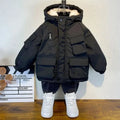 New Winter Down Cotton Jacket Boys Black Hooded Coat Children Outerwear