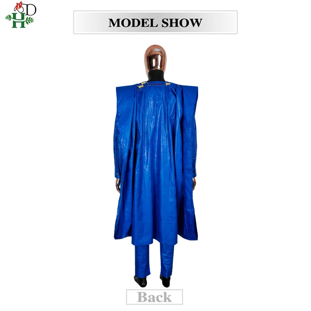 Men's African Agbada 3-Piece Set | Blue Bazin Riche Embroidery Shirt & Trousers | Wedding & Party