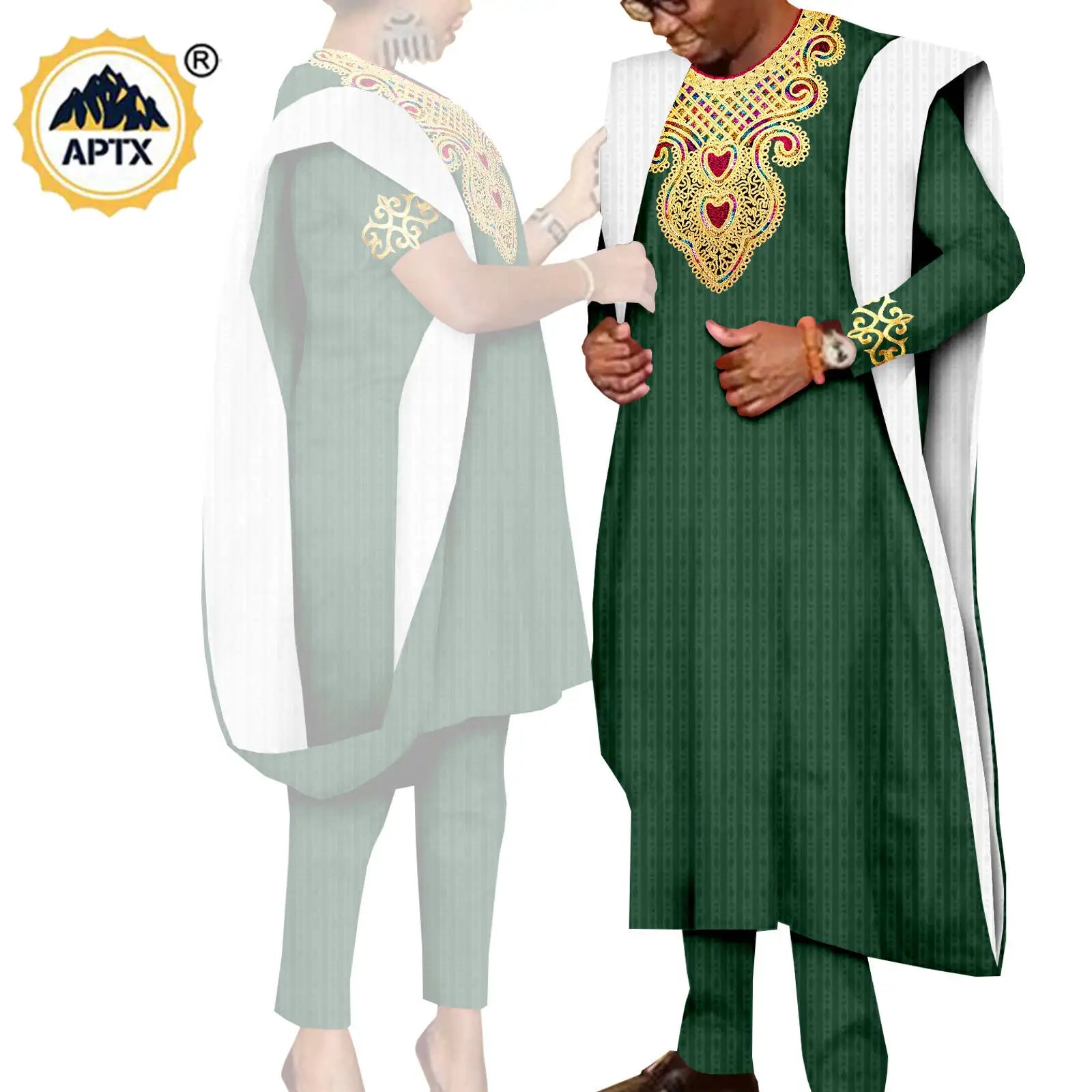 African 3 Pieces Suit for Men Matching Couple Outfits Agbada Dashiki Women Muslim Sets Bazin Riche Applique Robes Asoebi Y23C029