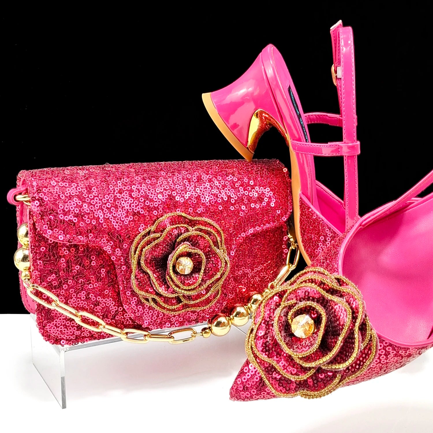 Elegant Rhinestone Flower Design Style White Color Party Wedding Pointed Toe Women Shoes and Bag Set