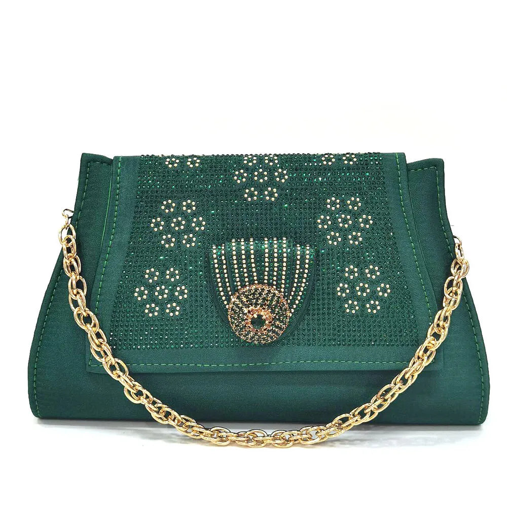 Italian Design Girly Style Golden Color Wedding Shoes And Bag Full Diamond Decoration Metal Closure Bags