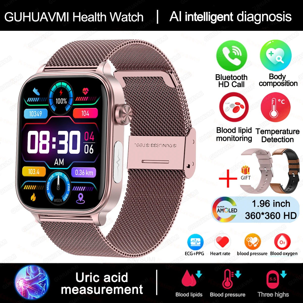 2025 AI Health Smartwatch | ECG+PPG Blood Lipids Uric Acid Body Composition | Men