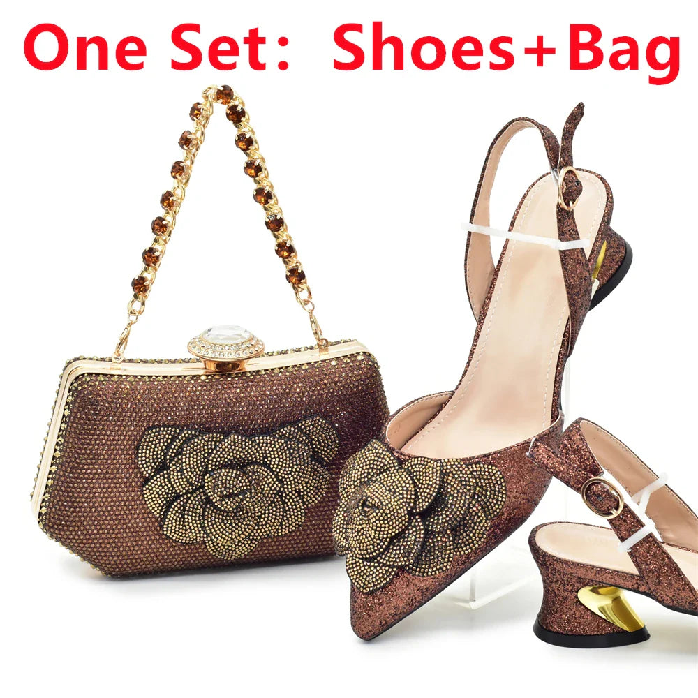 Women's Shoe and Bag Set Latest Luxury Italian Rhinstone Design for Wedding and