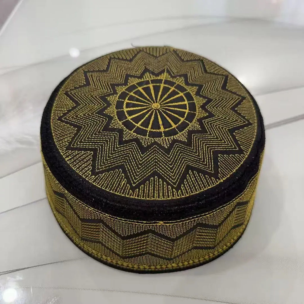 Men's Muslim Embroidery Cap | Islamic Gold Turban Bonnet | Eid Ramadan Prayer Hat