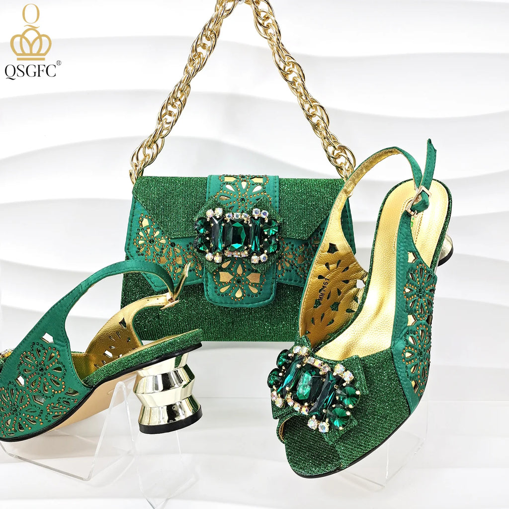 Newest Design Metal and Rhinestone Design Style Party Wedding Peep Toe High Heel Lady Shoes and Bag Set in Teal Blue Color