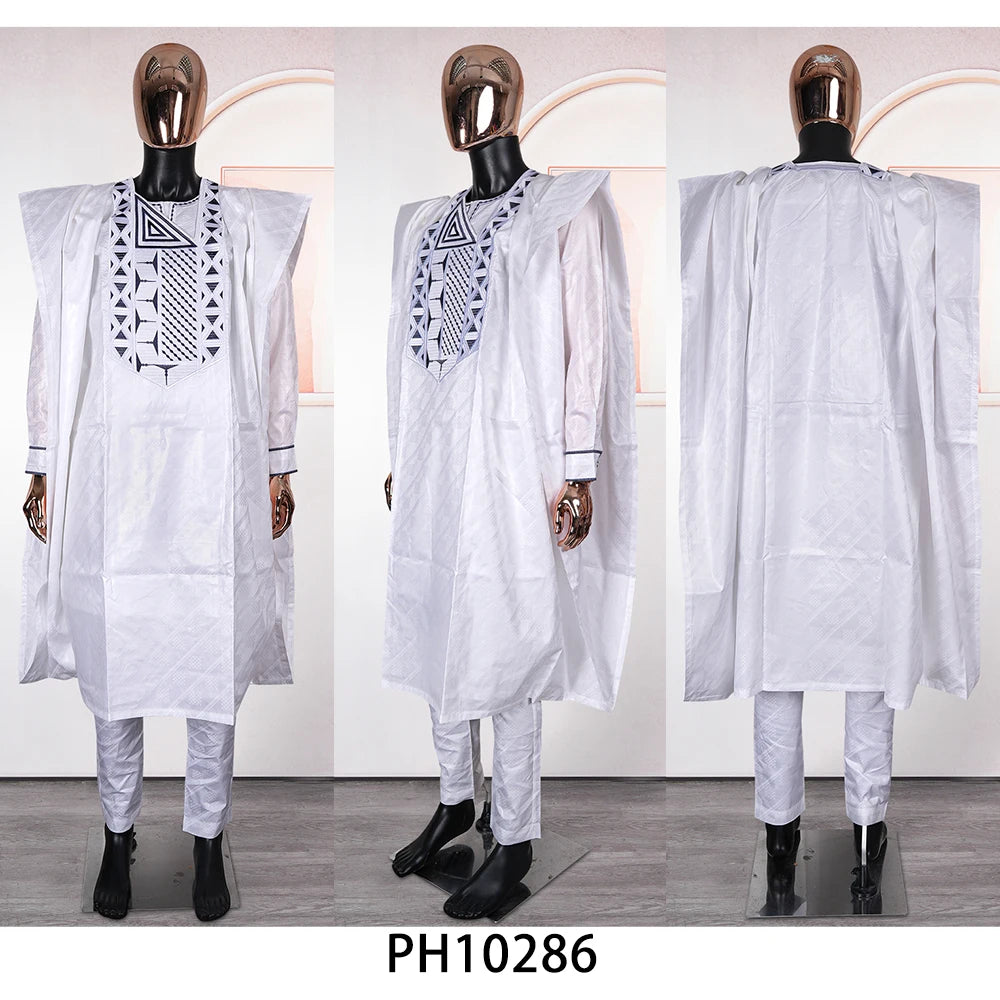 African Clothes for Men Traditional Rich Bazin Original Embroidery White Clothing Men 3 PCS Set Wedding Party Occasion 2024