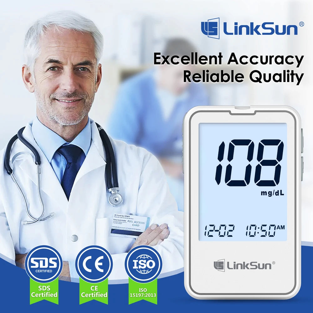 LinkSun G-425-3 Blood Glucose Meter Glucometer Full Set Medical Diabetes Blood Sugar Monitor Complete Kit Glucose Test Strips
